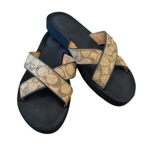 Coach Janine Criss Cross Slide Sandals Sz 9B Signature Jacquard Pattern Brown